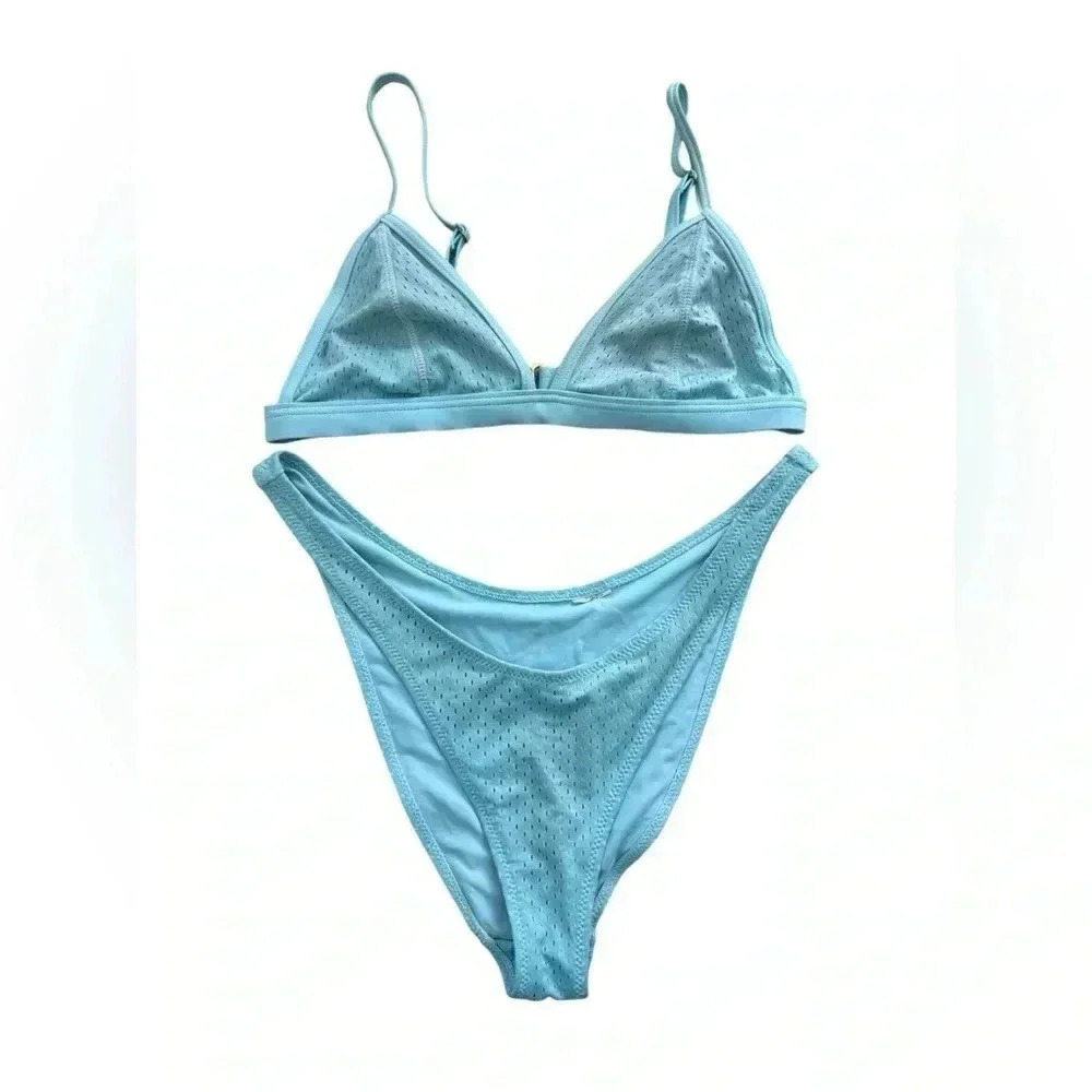 Light Blue Bikini Swim, Triangle Top With Straps And High Hip Cheeky Bottoms